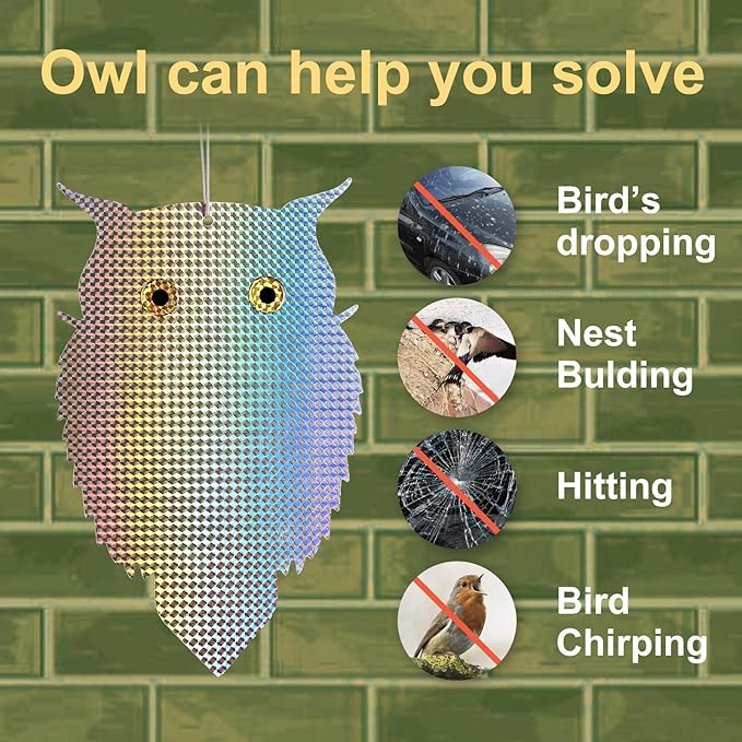 OFFO Owl Decoy to Scare Birds Away (No Bells) Bird Deterrent Device for Woodpecker Pigeon 2 PCS Plastic Hanging Outdoors Reflective Keep Birds Away Home and Garden