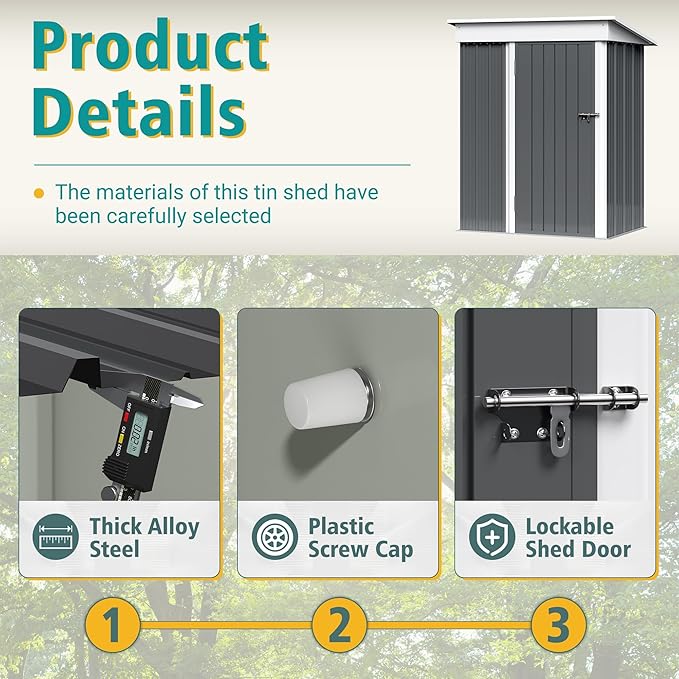 GUNJI 5 x 3 FT Shed Outdoor Storage Shed Metal Garden Shed with Lockable Door Outside Waterproof Tool Shed for Backyard, Patio, Lawn (Gray)