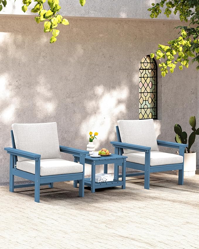 SERWALL HDPE Patio Sofa Set, 3-Piece Sectional Outdoor Furniture Set, All Weather Outdoor Couch Set Patio Furniture Set for Deck, Lawn, Blue Frame with Grey Cushion