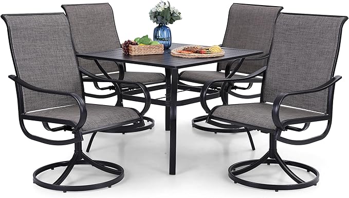 PHI VILLA 5 Piece Patio Dining Set Clearance with 4 Swivel Dining Chairs & 1 Square Metal Dining Table with 1.57 inches Hole, for Outdoor Kitchen Lawn & Garden Black Coated