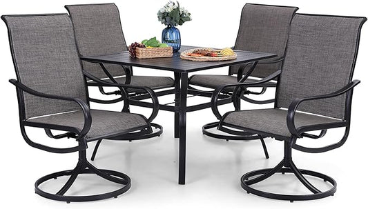 PHI VILLA 5 Piece Patio Dining Set Clearance with 4 Swivel Dining Chairs & 1 Square Metal Dining Table with 1.57 inches Hole, for Outdoor Kitchen Lawn & Garden Black Coated
