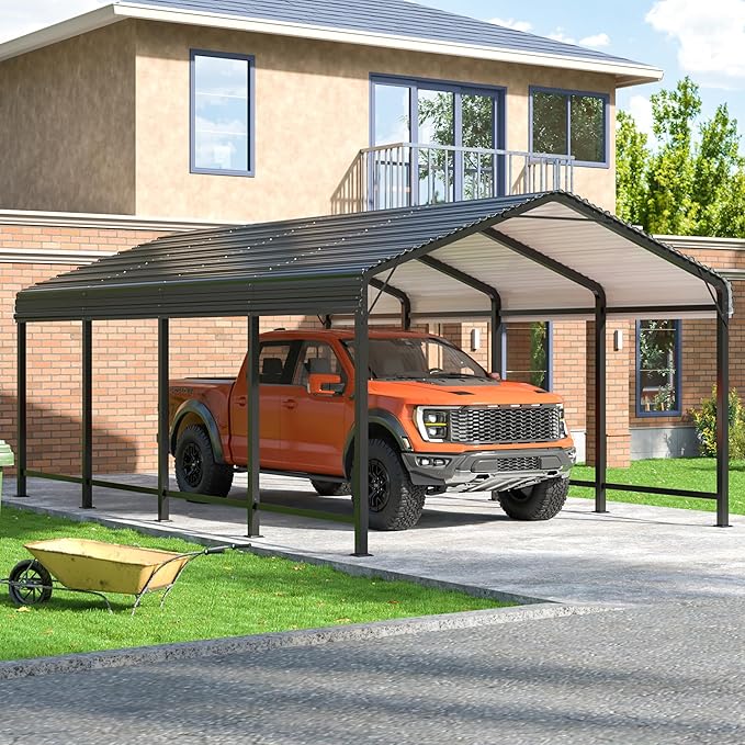 Carport 12x20 FT Metal Carport with Enhanced Base Outdoor Heavy Duty Garage Galvanized Car Shelter for Pickup, Boat, Car and Tractors