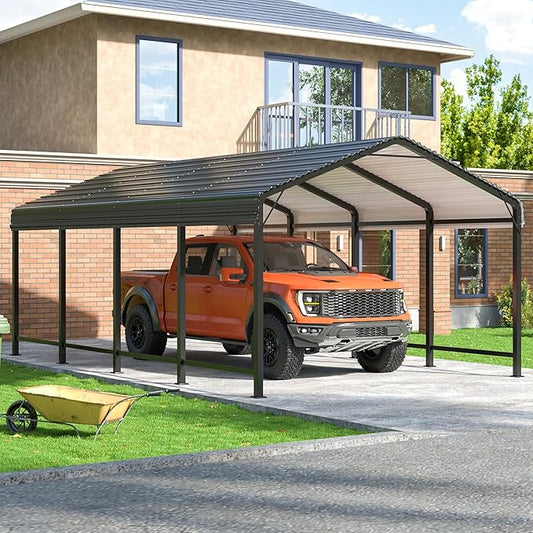 Carport 12x20 FT Metal Carport with Enhanced Base Outdoor Heavy Duty Garage Galvanized Car Shelter for Pickup, Boat, Car and Tractors