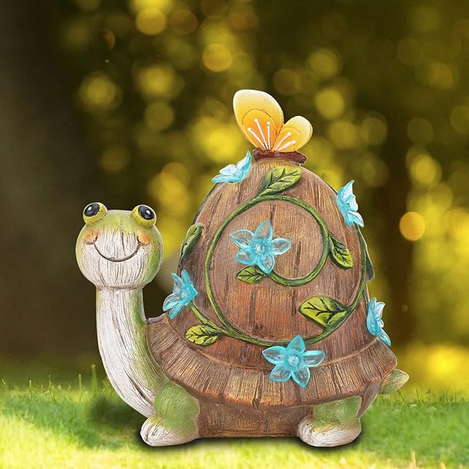 Bshine Solar Garden Statue Turtle Figurine Resin Animal Sculpture Decor with Solar Lights Cute Art Sculpture for Patio Lawn Yard Outdoor Decorative