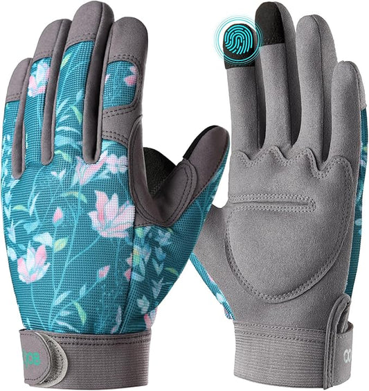 COOLJOB Medium Gardening Work Gloves for Women Ladies, Thorn Proof for Rose Pruning, Cactus Handling, Blackberry Bush Planting, Puncture Resistant Anti-Slip Flexible, 1 Pair M Green Flower