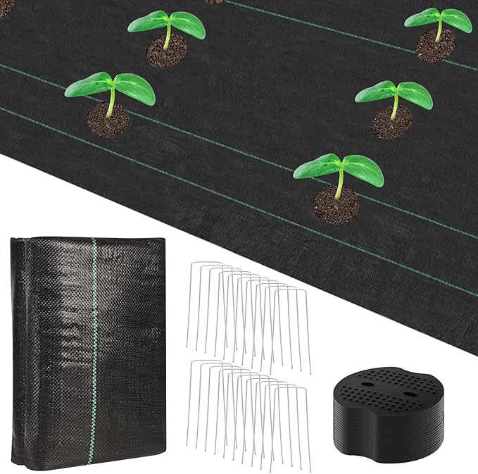 4 x 50ft Weed Barrier Fabric Heavy Duty Landscape Weed Blocker with 80 Holes, Large Weed Block Gardening Ground Cover Mat Weed Control Cloth with 10 U-Shaped Stakes and Gaskets, Black (1PCS,4x50ft)