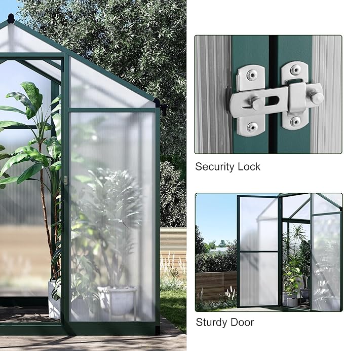 4 x 6.25 FT Greenhouse for Outdoors, Polycarbonate Greenhouse with Aluminum Frame, Lockable Door, Roof Vent and Rain Gutter, Large Walk-in Green Houses for Patio Garden Outside, Green