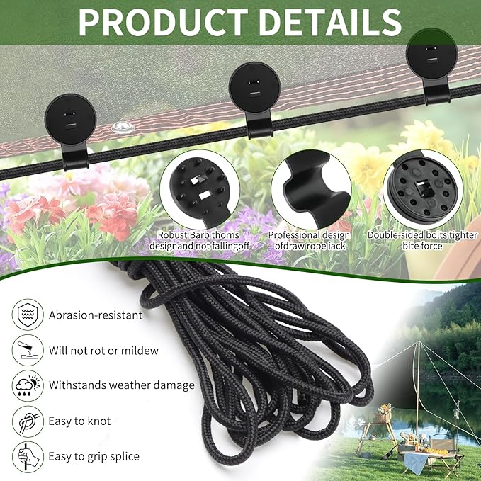 50PCS Shade Cloth Plastic Clips Heavy Duty Lock Grips with Rope, Round Plastic Black Clips Sunshade Net Fixing Clip, Shade Fabric Clips for Bird Netting, Garden Netting (50PCS+Nylon Rope)