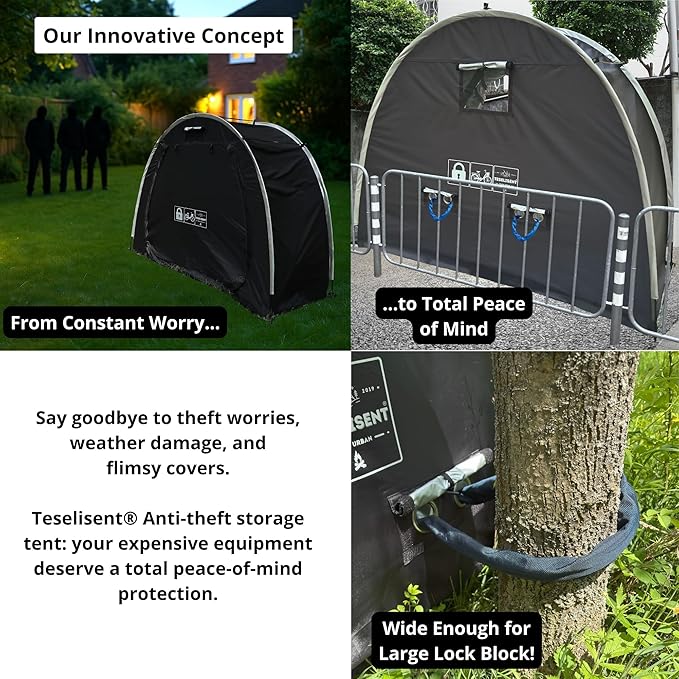 Anti-Theft Outdoor Storage Shed | Triple-Security Tent: Rugged Zipper Lock, Rear Security Anchoring, Privacy Mesh Cover | Protecting Valuable Gear & Bikes | Portable Weatherproof | Fits 2 e-Bikes