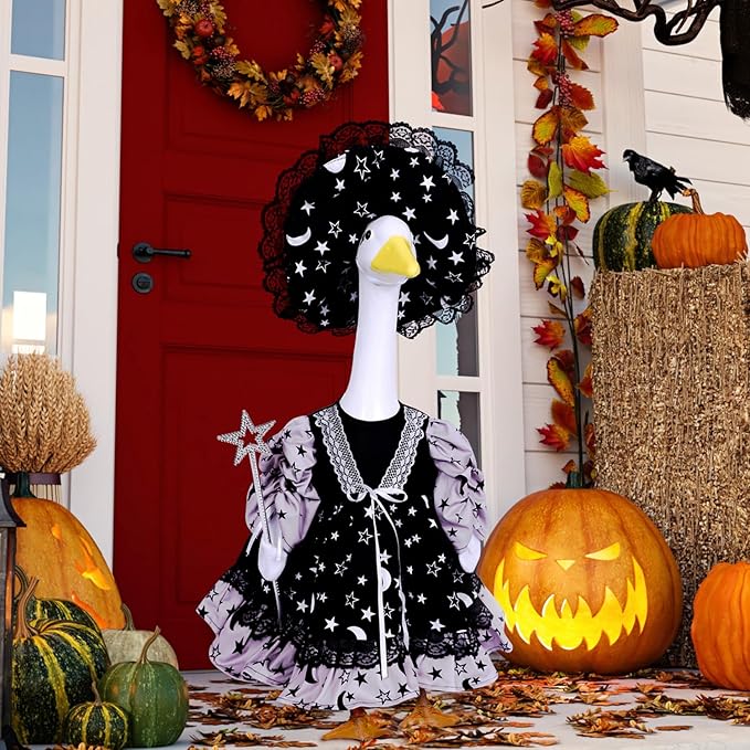 AZYM Halloween Porch Goose Outfits,3 Pcs/Set Yard Goose Statue Clothes for 23" Statue Patio Lawn Garden Halloween Decoration(Black Halloween Night)