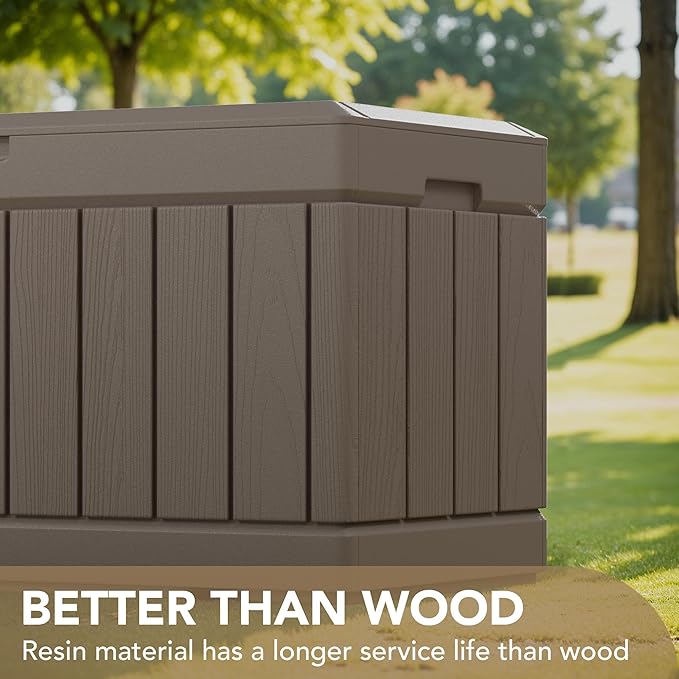 Devoko 85 Gallon Deck Box Lockable Resin Outdoor Storage Box waterproof Outdoor Container for Patio Furniture Cushions, Pillow (Light Brown)