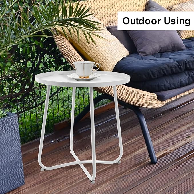 Babion White Outdoor Side Table, Small Round Patio Accent Table for Yard Garden, Indoor & Outdoor