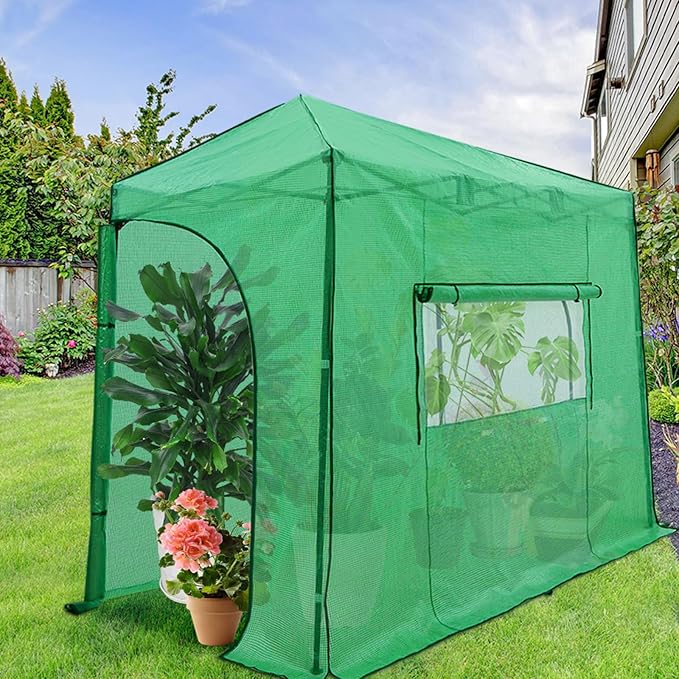 EAGLE PEAK Replacement Cover for 10x5 Portable Lean to Greenhouse, 2 Roll-Up Zipper Entry Doors and 1 Large Roll-Up Side Window (Frame Not Included), Green