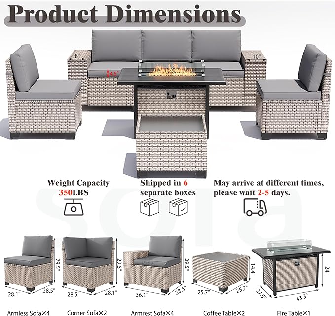 13 Pieces Patio Furniture Set with Fire Pit Table, Outdoor Sectional Wicker Sofa with Thickened Cushions and Coffee Table, High Back Rattan Patio Conversation Sets, Grey