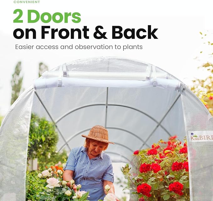 KING BIRD Premium 15x6.6x6.6FT Greenhouse for Outdoors, Large Walk-in Heavy Duty Galvanized Steel Frame, Mesh Door Screen Window Upgraded Zipper Tunnel Hoop for Garden Plant Winter, White