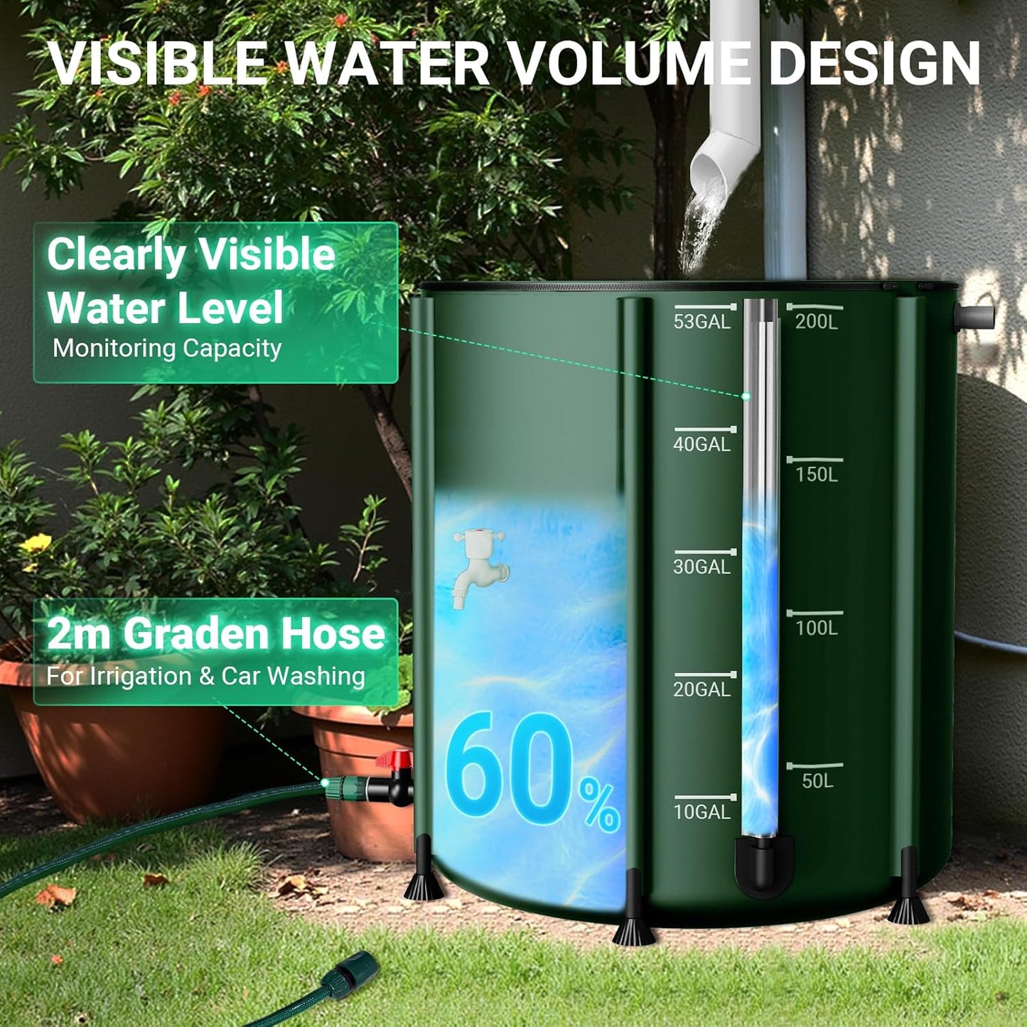SKM Collapsible Rain Barrel, 53 Gallon Portable Rain Water Collection Barrel for Garden/Outside/Lawn, PVC Rainwater Collection System Water Tank Storage Container with Spigots & Overflow Kit, Green