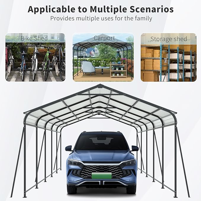 13x26.5 FT Metal Carport, Heavy Duty Car Port Canopy with Galvanized Steel Roof & Frame, Oversized Metal Carport Kit, Outdoor 2 Car Garage, Steel Car Shelter for Car, Boat, Truck, Charcoal