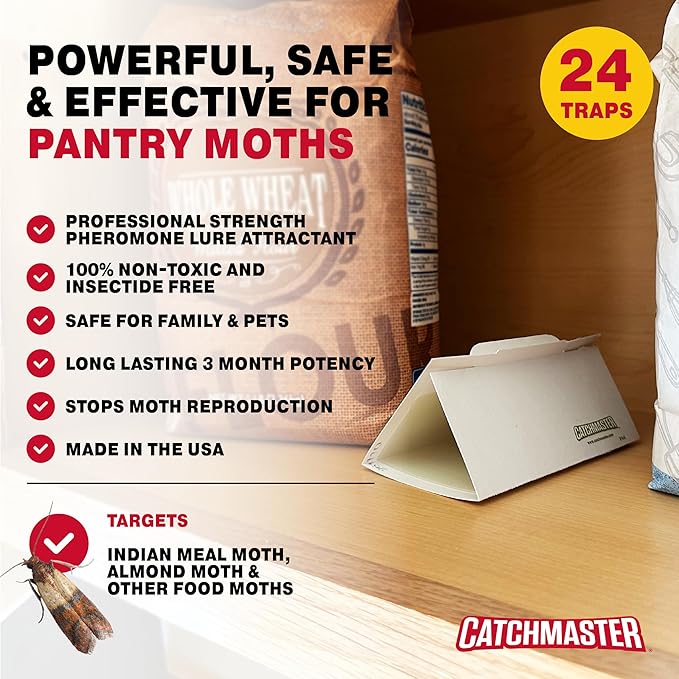Catchmaster Pantry Pest & Moth Traps 24-Pk, Bug Killer for Kitchen Storage & Pantry Cabinet, Sticky Moth Traps for House, Protect Pet Food, Kitchen Cabinets Storage, Pet Safe Glue Trap