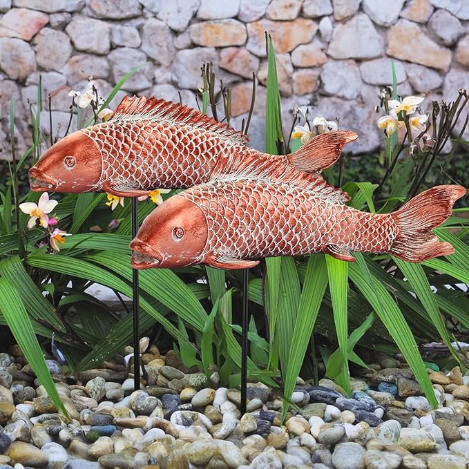 Garden Statues Koi Fish Decor, Garden Fish Pond Statues, Set of 2 Antique Copper Koi Art Sculptures for Outdoors Patio Backyard Lawn Yard Decoration, Japanese Garden Decor, Best Gifts