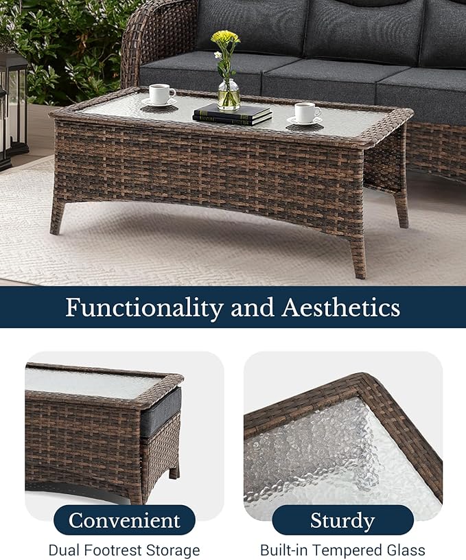 HILLGA Luxury High Back Patio Furniture Set with 6-Inch Thick Cushion, 8-Piece Outdoor Conversation Set with Sofa, Swivel Rocker Chairs & Ottomans, Ideal for Porch Pool Deck Yard (Dark Grey)