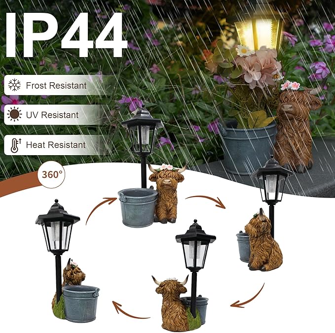 Highland Cow Statues Outdoor Solar Sculptures with Solar Lights and Flowerpot Funny Garden Decor Animal Figurines Resin Outdoor Statues for Patio Yard Lawn Balcony Grandma Mom Gifts