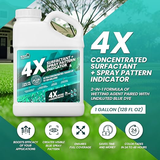 1 Gallon 4X Spray Pattern Indicator Dye + Surfactant, Makes 128 Gallons of Wetting Agent for Lawn & Turf Mark - Effective Spray Indicator, Liquid Blue Dye for Marking Turf, Easy to Mix & Apply