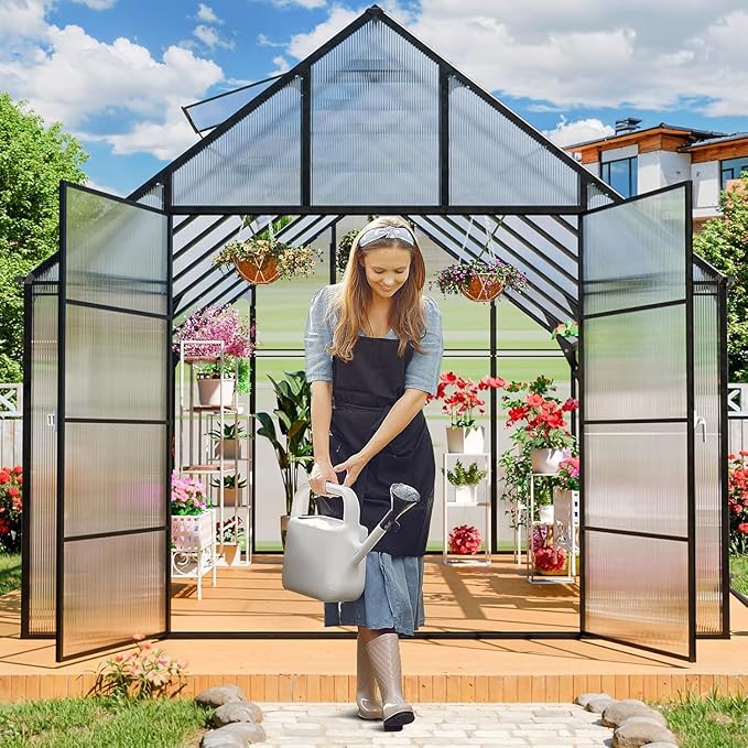 JULY'S SONG 10x16 FT Greenhouse for Outdoor, Large Easy Assembly Heavy Duty Polycarbonate Panels Aluminum Frame Walk-in Green House with 3 Windows Wider Door for Garden Plants Outside