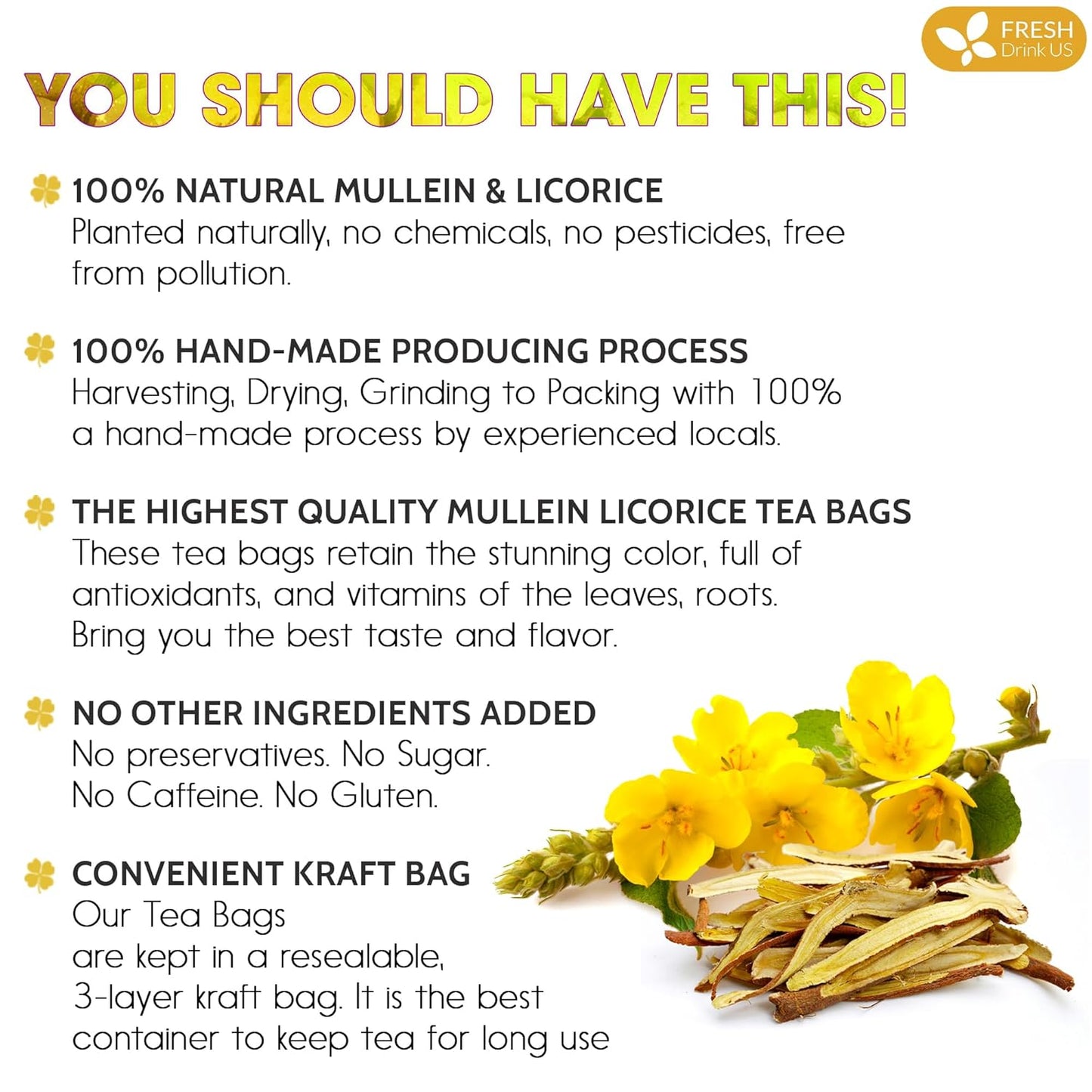 FreshDrinkUS, Premium 75 Mullein Licorice Tea Bags, 100% Natural, Blend of Mullein Leaves, and Licorice Root. Made with Natural Material Tea Bags. No Sugar, Vegan.