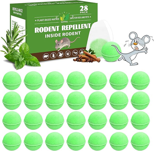 28 Pack Mouse Rodent Repellent Balls - Natural Peppermint Oil for Mice, Rats, Squirels & Spiders - Safe for Pets & Family -Indoor/Outdoor Pest Control for Home, Kitchen, Garage