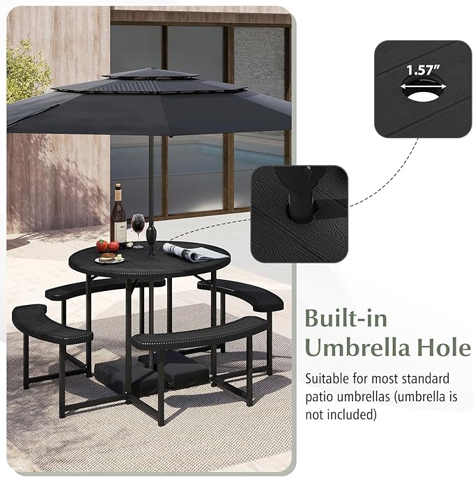 Giantex Picnic Table Bench Set for 4-8 Person, Round 37” Outdoor Dining Table w/Umbrella Hole, HDPE Tabletop, Metal Frame, Patio Furniture Set for Backyard Porch Lawn, 1400lb Capacity (Black,Round)