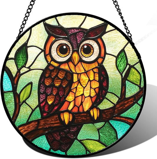 Stained Glass Window Hanging - Owl on a Branch Suncatcher for Doors Window Home Orange Brown Sun Catchers Decor Christmas Mother's Day Birthday Gifts for Teacher Women Men Mom Nana 15 in