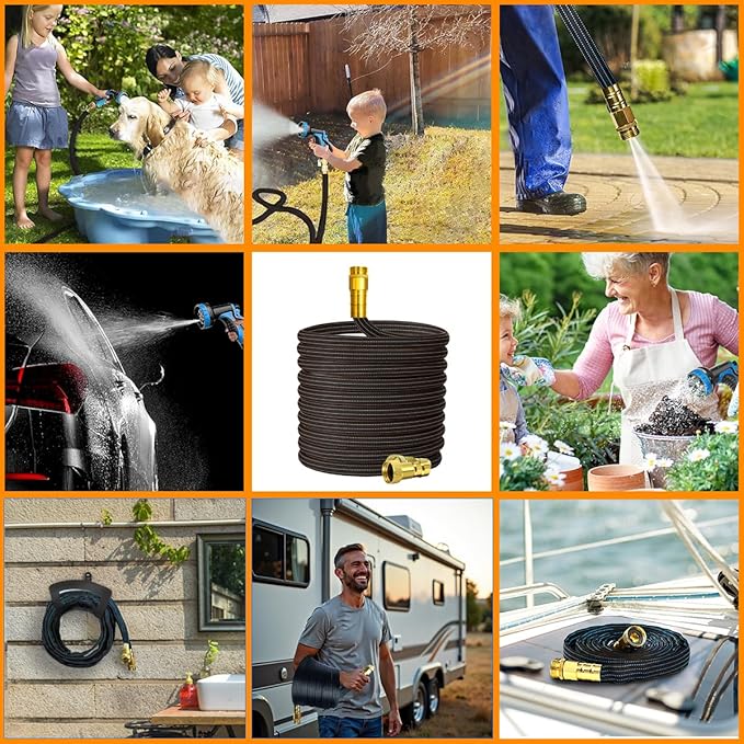 30FT Lightweight Garden Hose,Flexible Water Hose with Solid Brass Head,Kink-Free,Collapsible Hose,High Pressure Flat Water Hose for RV,Boat,Car Wash,Garden,Yard,Camper (OrangeBlack, 30FT+Nozzle)