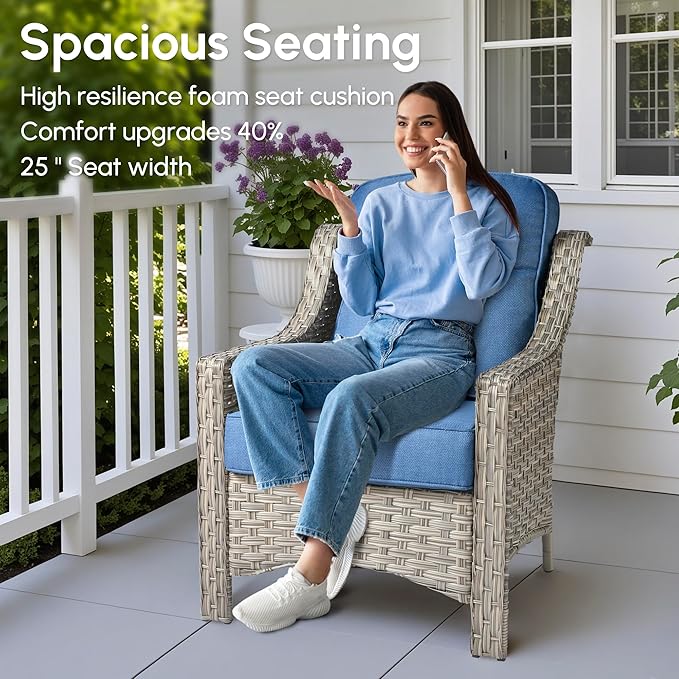 4 Pieces Patio Outdoor Furniture Set,All Weather Wicker Rattan Patio Seating Sofa and Chair Set w/ 3-Seater Sofa and Glowing Coffee Table,Outdoor Conversation Sets for Deck Yard Garden,Blue