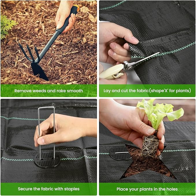 Weed Barrier Fabric, 3x50ft Landscape Fabric, 4oz Heavy Duty Durable Woven Geotextile Fabric, High Permeability Ground Cover Mat, Driveway Fabric, Garden Weed Control Cloth with 10 U-Securing Pegs