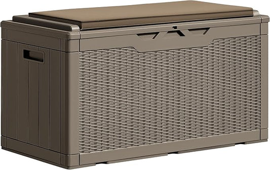 Greesum 100 Gallon Resin Deck Box Large Outdoor Storage Boxes with Cushions for Garden Tools, Patio Furniture Pillows, Pool Supplies, Light Coffee