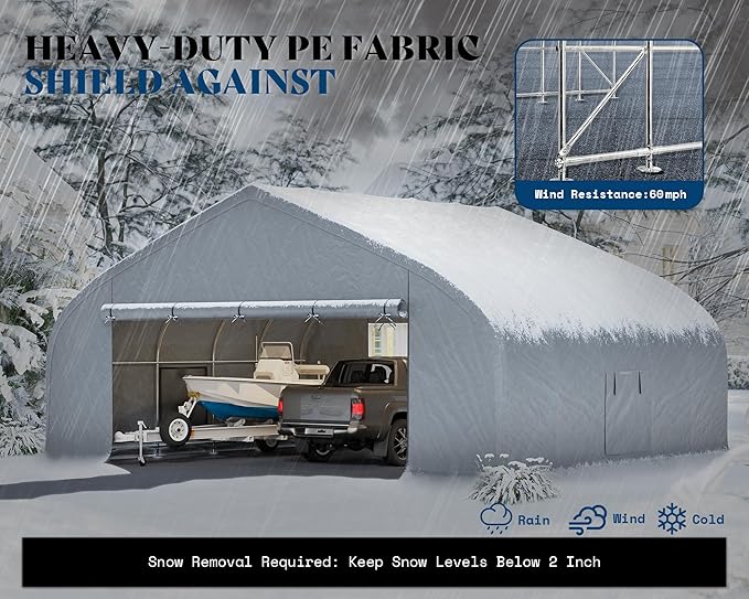 AMERLIFE 22.5 x 20FT Heavy Duty Double Carport, Galvanized Steel Frame Garage Shelter,Outdoor Storage, Waterproof 3-Layer PE Cover, Fits 2 Cars, Boat, Farm Equipment, Silver Grey