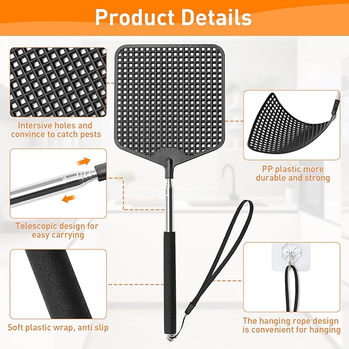 Telescopic Fly Swatters 2 Pack, Premium Plastic Flyswatter, Fly Swatter Heavy Duty for Indoor, Outdoor, Classroom, Stainless Steel Handle（Black）