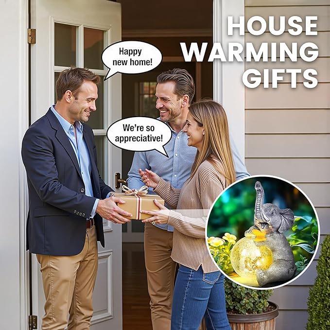 Solar Garden Outdoor Statues for Women, Mom, Grandma. Glass Globe Elephant Figurine Housewarming and Birthday Gifts Elephant Statue Decor for Backyard, Patio, Balcony, Lawn, Pond