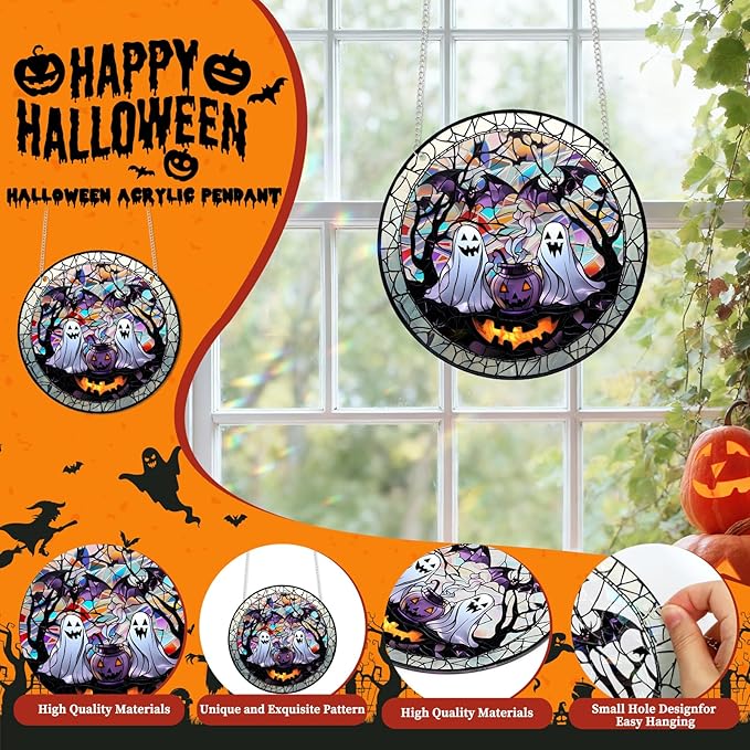 Halloween Suncatcher, Tumwisk Halloween Decorations Acrylic Ghost Bat Decor Light Catcher Ornaments for Home Decor Indoor Doors Garden Windows Spooky Funny