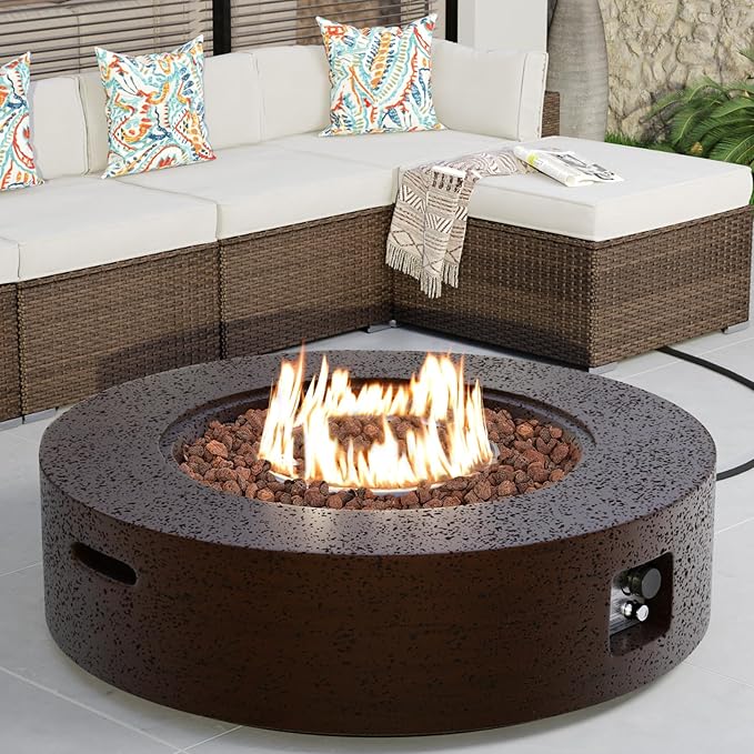 SUNBURY 42in Round Propane Outdoor Fire Pit, Gas Patio Fire Table 50,000 BTU Concrete Travertine Design, CSA Certified, Circular Base Firepit with Lava Rocks, Waterproof Cover (Brown)