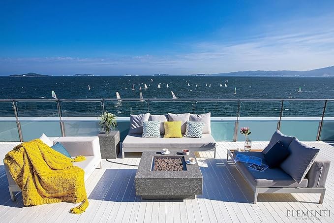 Elementi Manhattan Gas Fire Pit Cast Concrete Fire Table, Outdoor Fire Pit Electronic Ignition | Canvas Cover, Lava Rock Included | Free AMS Wind Guard | Light Gray (Natural Gas)