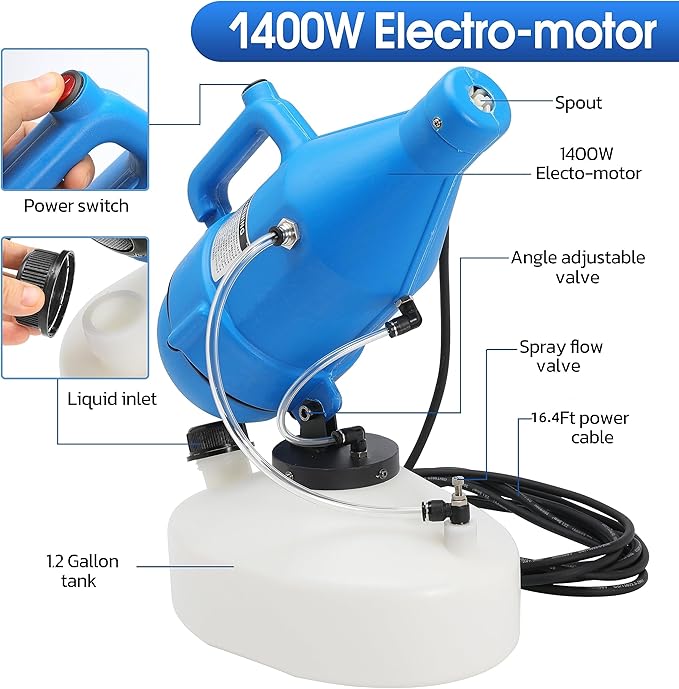 4.5L (1.2 Gallon) Electric ULV Portable Fogger Sprayer Machine Spraying Distance 30ft with 16.4ft Cord Atomizer Mist Cold Fogger for Home,Hotel,Church,School,Lawn and Garden