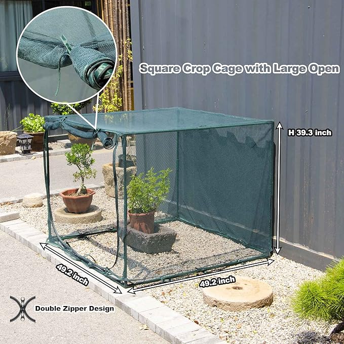 Square 4'x4' Netting Cover 3.3FT Tall Crop Cage Pest Guard Cover for Vegetables Fruits Durable Plant Garden Net with 4 Stakes
