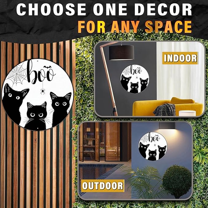 PEACHGARDEN Black Cat Halloween Metal Tin Sign Vintage Gothic Decor Boo Plaque Spooky Wall Art Retro Iron Painting for Home Porch Bar 8x8inch