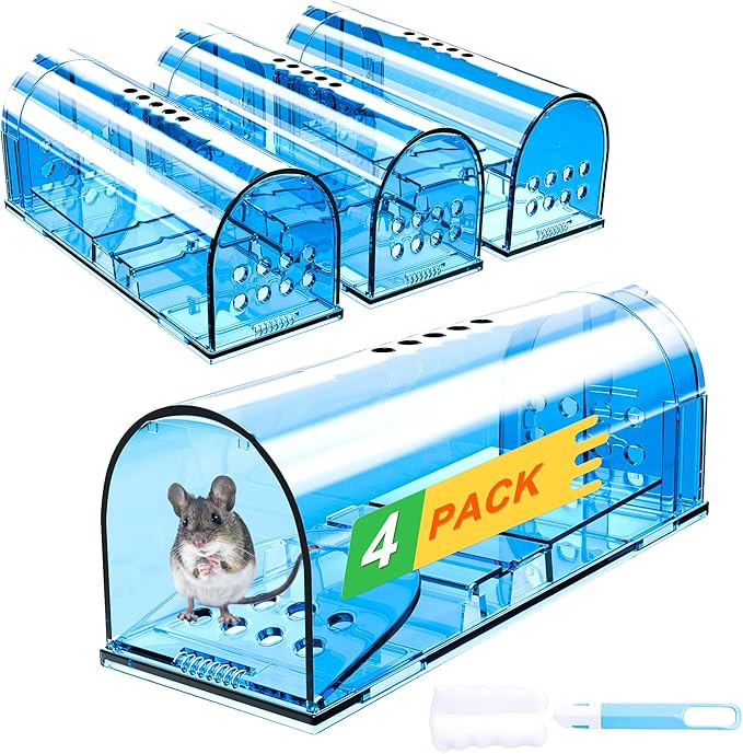 4 Pack Humane Mouse Traps No Kill, Catch and Release Live Mouse Trap Indoor for Home, Reusable Mice Trap Cage with Cleaning Brush(Blue)