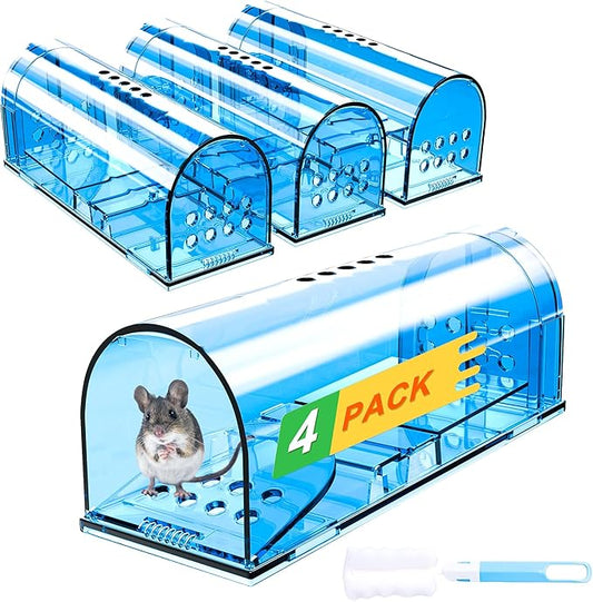 4 Pack Humane Mouse Traps No Kill, Catch and Release Live Mouse Trap Indoor for Home, Reusable Mice Trap Cage with Cleaning Brush(Blue)