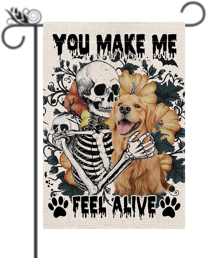 Halloween Garden Flag Skeleton and His Golden Retriever Vertical Double Sided Flags for Holiday Farmhouse Patio Yard Outdoor Party Decor Decorations Gifts - 12.5 x 18 Inch