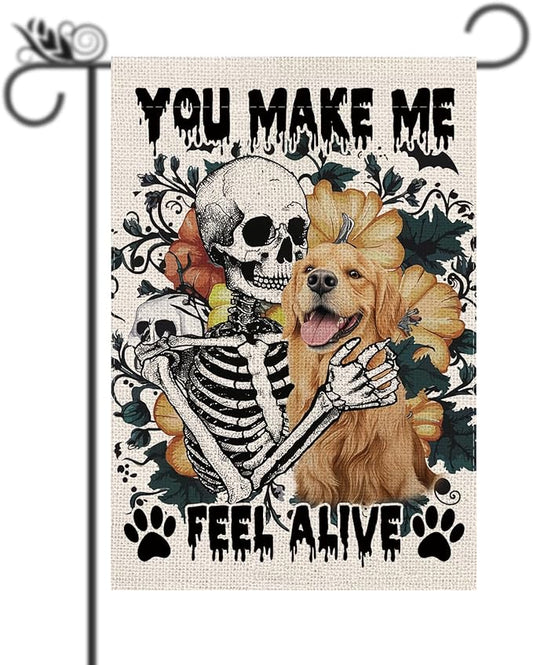 Halloween Garden Flag Skeleton and His Golden Retriever Vertical Double Sided Flags for Holiday Farmhouse Patio Yard Outdoor Party Decor Decorations Gifts - 12.5 x 18 Inch