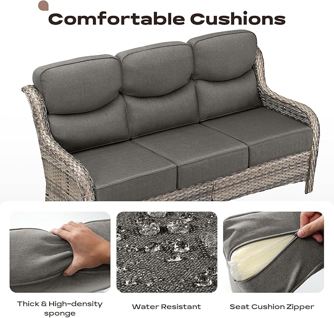 Wicker Outdoor Patio Furniture Set - 7 Piece Patio Conversation Sets with Swivel Rocker Chairs, Ottomans and Sofa, 6 inch Cushions, Waterproof Wicker, for Porch Deck Mixed Grey/Grey