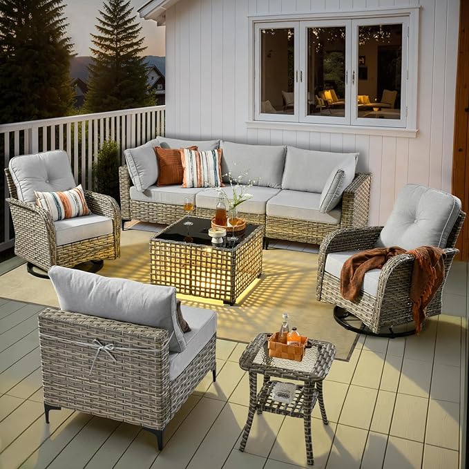 HOOOWOOO Outdoor Patio Furniture Set,8 Pieces Wicker Out Door Sectional Furniture L Shaped Couch,Patio Conversation Sets with Swivel Rocking Chair LED Table,Light Gray